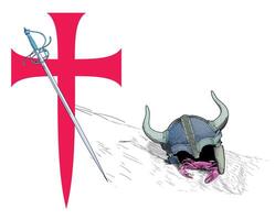 T-shirt design of a large medieval cross next to a sword and a fallen horned helmet. Illustration on themes of knights errant. vector