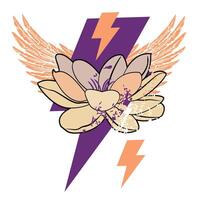 T-shirt design of a lotus flower, thunderbolt symbol and two wings in violet and orange colors on a white background. vector