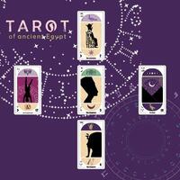 conjunto de egipcio tarot tarjetas en azul antecedentes. tarjetas llamado el emperatriz, el luna, el emperador, el sacerdotisa, el Dom y el colgado hombre. vector