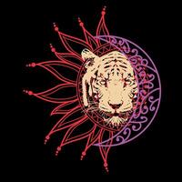 T-shirt design of a tiger head next to the sun and the moon with violet colors on a black background. vector