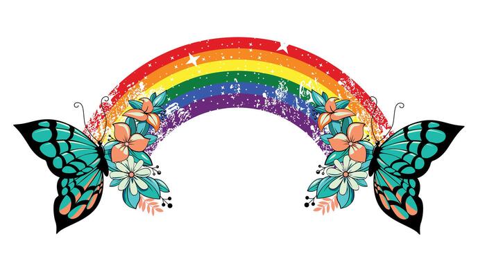 T-shirt design of two butterflies joined by a rainbow on a white background. Gay pride.