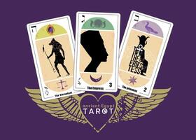 Ancient Egyptian Tarot. T-shirt design featuring three Egyptian tarot cards along with a heart symbol with wings. vector