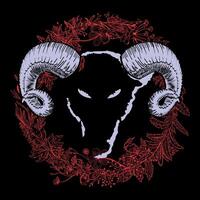 T-shirt design of a goat head with horns on red branches on a black background. satanic circle vector