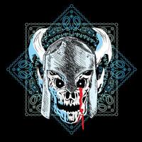 T-shirt design of a skull with helmet and horns on a Hindu mandala on a black background. vector