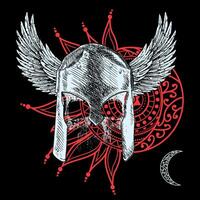 Skull t-shirt design with a Spartan helmet with wings and the moon symbol on a black background. Ghostly warrior. vector