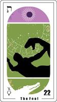 Egyptian tarot card number twenty-two, called The Fool. Symbols Mercury in Pisces, an eclipse and a crocodile. vector