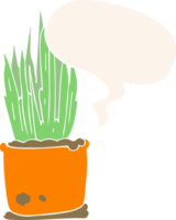 cartoon house plant with speech bubble in retro style png