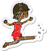 retro distressed sticker of a cartoon happy woman kicking png