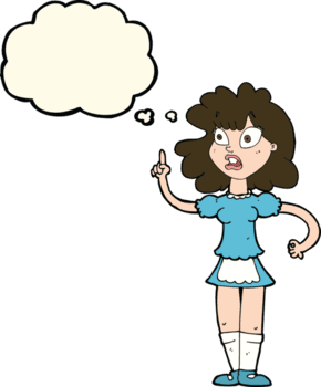 mucama preocupada de dibujos animados con burbuja de pensamiento png