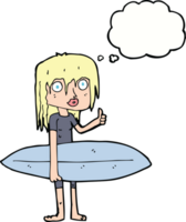 tekenfilm surfer meisje met gedachte bubbel png