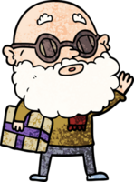 Cartoon neugieriger Mann mit Bart, Sonnenbrille und Geschenk png