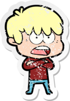 distressed sticker of a worried cartoon boy png