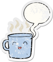 carino caffè tazza cartone animato con discorso bolla afflitto afflitto vecchio etichetta png