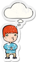 cartoon man thinking with thought bubble as a distressed worn sticker png