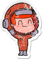 distressed sticker of a happy cartoon astronaut man png