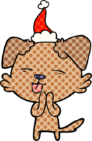 mano disegnato comico libro stile illustrazione di un' cane attaccare su lingua indossare Santa cappello png