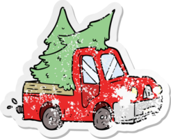 distressed sticker of a cartoon pickup truck carrying trees png