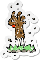 retro distressed sticker of a cartoon zombie hand rising from ground png