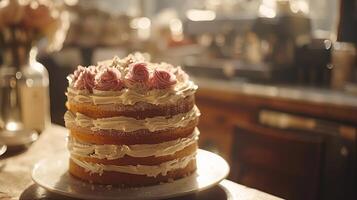 AI generated Icing a layered cake with afternoon light streaming in through a nearby window, the light emphasizing the smoothness of the icing and the height of the cake ,Food Chef photo