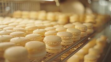 AI generated Preparing macarons in soft afternoon light, the gentle illumination accentuating the smooth tops and ruffled ridges, and the pastel colors looking even more delicate. ,Food Chef photo