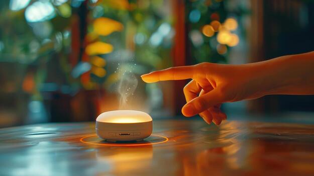 AI generated Hand pointing to a small aromatherapy diffuser, icon of scent waves at the point, leaving ample space for textual or ad content. ,Smart Home Concept photo
