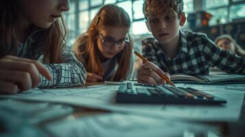 AI generated Students solving a complex math problem on large paper, with calculators and pencils, space for motivational quotes. ,STEM concept photo