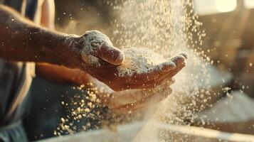 AI generated Sifting flour for artisan bread in bright afternoon light, the fine dust of the flour looking almost magical as it catches the light, creating a serene baking scene. ,Food Chef photo