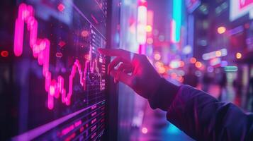 AI generated Hand selecting a cryptocurrency chart displayed on a computer monitor, with neon backlighting accentuating the upward and downward trends of digital currencies. ,Banking Technology photo