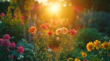 AI generated Sunset over a meticulously maintained garden landscape, casting a golden glow on vibrant flower beds. ,Gardening Concept photo