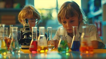 AI generated Kids engaged in a science experiment with a microscope and colorful test tubes, space for educational content. ,STEM concept photo