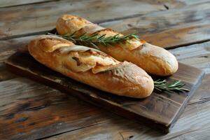 AI generated Artisan sourdough bread loaves, freshly baked with a golden crust, rest on a rustic wooden board, garnished with fragrant rosemary. photo