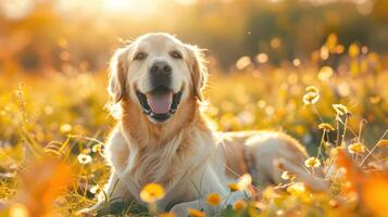 AI generated Joyful golden retriever canine against a backdrop of spring scenery, in a wide web banner format. photo