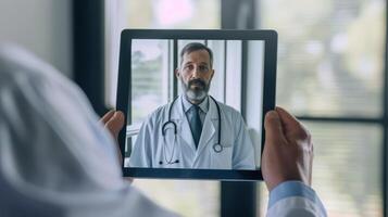 ai generado un persona participación un tableta presentando el imagen de un masculino médico en el pantalla, proponiendo el opción de un virtual cuidado de la salud consulta o telemedicina sesión. foto