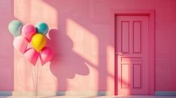AI generated The sun's rays illuminate a pink wall, accented by an array of lively balloons and a door, offering a creative and colorful concept. photo