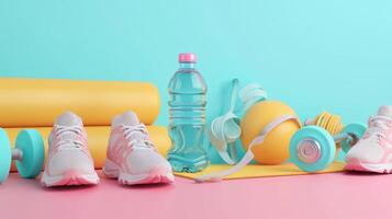 AI generated 3D render illustration, sport fitness equipment, male and female concept, yoga mat, bottle of water, dumbbells, weights, with Fitness shoes and isolate on pastel background. photo