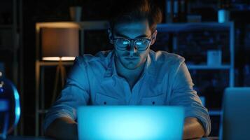 AI generated With a determined demeanor, a businessman or freelancer in glasses sits at his desk, fixating on the laptop screen as he acquaints himself with a new program. photo