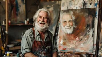 AI generated A retired bearded man smiles warmly as he participates in painting classes within an art studio setting. photo