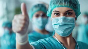 AI generated In a healthcare environment, one individual wearing a surgical mask gives a positive gesture with a thumbs-up, with a second colleague in the background doing the same. photo