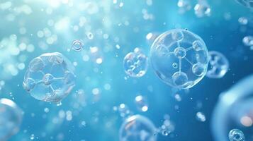 ai generado flotante molecular estructura y células en el azul fondo, 3d representación. foto