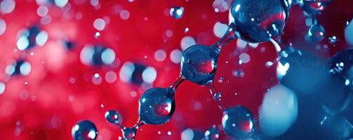 ai generado azul molécula átomos estructuras en rojo líquido suero antecedentes. Ciencias molecular agua soltar adn modelo estructura átomos antecedentes médico foto