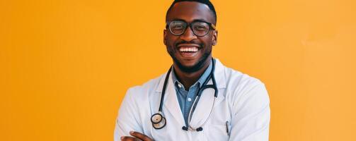 ai generado en pie con equilibrio, un médico usa un blanco laboratorio Saco y un estetoscopio alrededor su cuello, sonriente brillantemente en contra un vistoso antecedentes foto