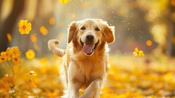 AI generated Happy golden retriever dog on Spring nature background, wide web banner. Spring activities for dogs. Fall Care Advice For Dogs. Preparing dog for walks in autumn and photo