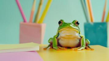 AI generated A pastel background serves as the setting for a green frog. photo