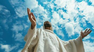 ai generado Jesús Cristo, revestido en blanco vestidos, alcanza fuera su mano hacia usted en contra el fondo de el cielo, simbolizando el esencia de cristiandad. foto