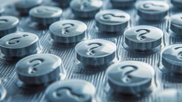 AI generated blister pack of tablets, each tablet bearing a question mark imprint, creating a unique visual. photo