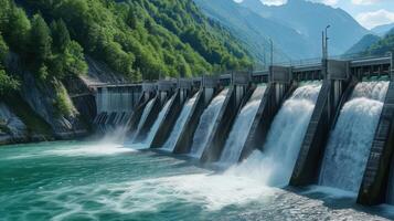 ai generado el tranquilo fluir de agua desde un hidroeléctrico represa se fusiona con el majestuoso presencia de montañoso bosques, foto