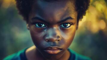 AI generated A thoughtful depiction of an Afro-American boy exhibiting a serious demeanor. photo