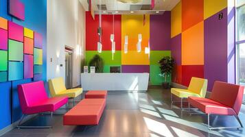 AI generated The reception area of a color therapy clinic showcases a contemporary layout, complete with cozy seating and a dynamic feature wall adorned with vibrant color blocks. photo