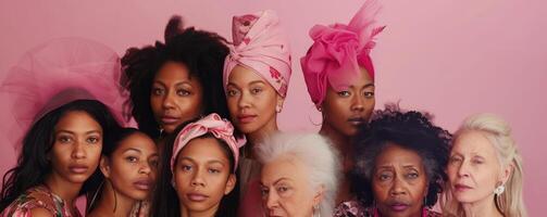 AI generated A group of women, varying in age and ethnic origins, stand together to exemplify unity and the timeless beauty of multiple generations on a pink background. photo