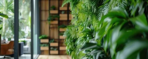 AI generated A close-up view captures the modern office space's vertical garden wall, adding a touch of greenery and nature to the contemporary environment. photo